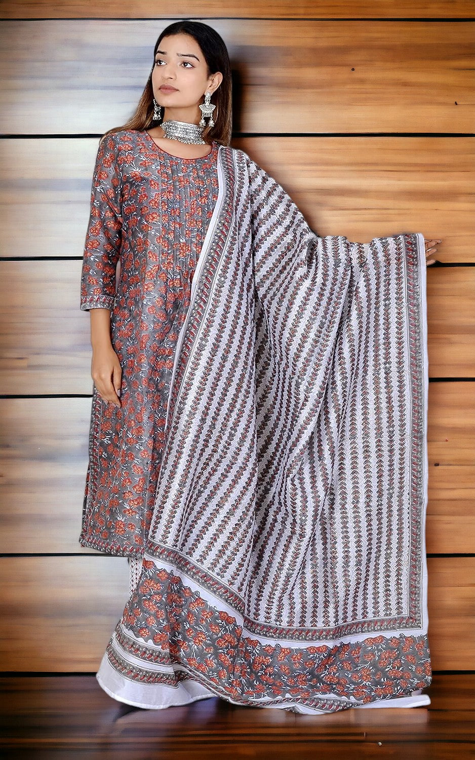 Grey pure Chanderi Sequin work full Suit With Dupatta