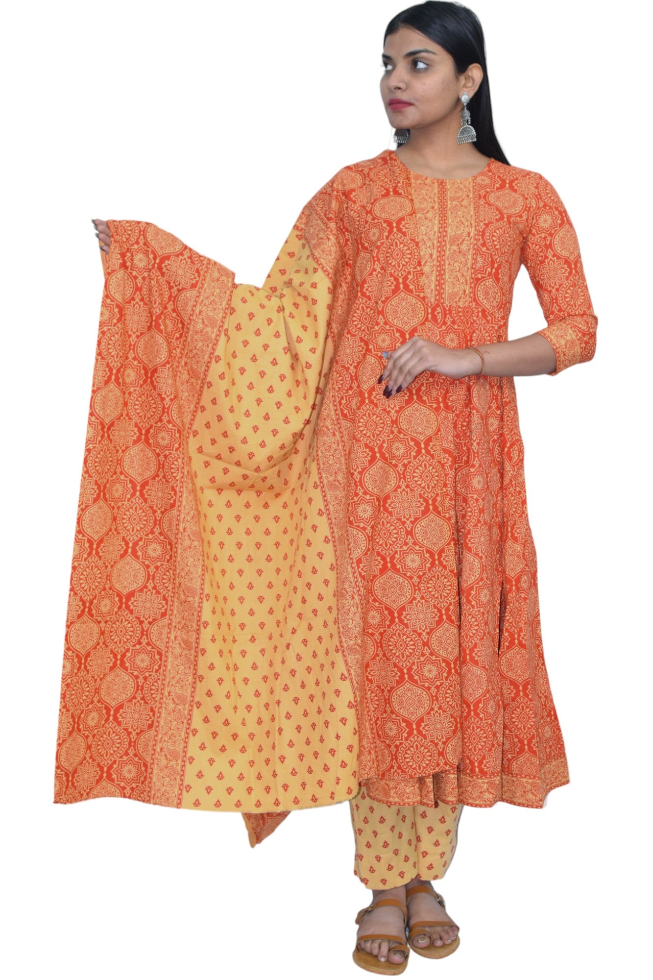 Orange Sanganeri Print cotton Anarkali Suit
