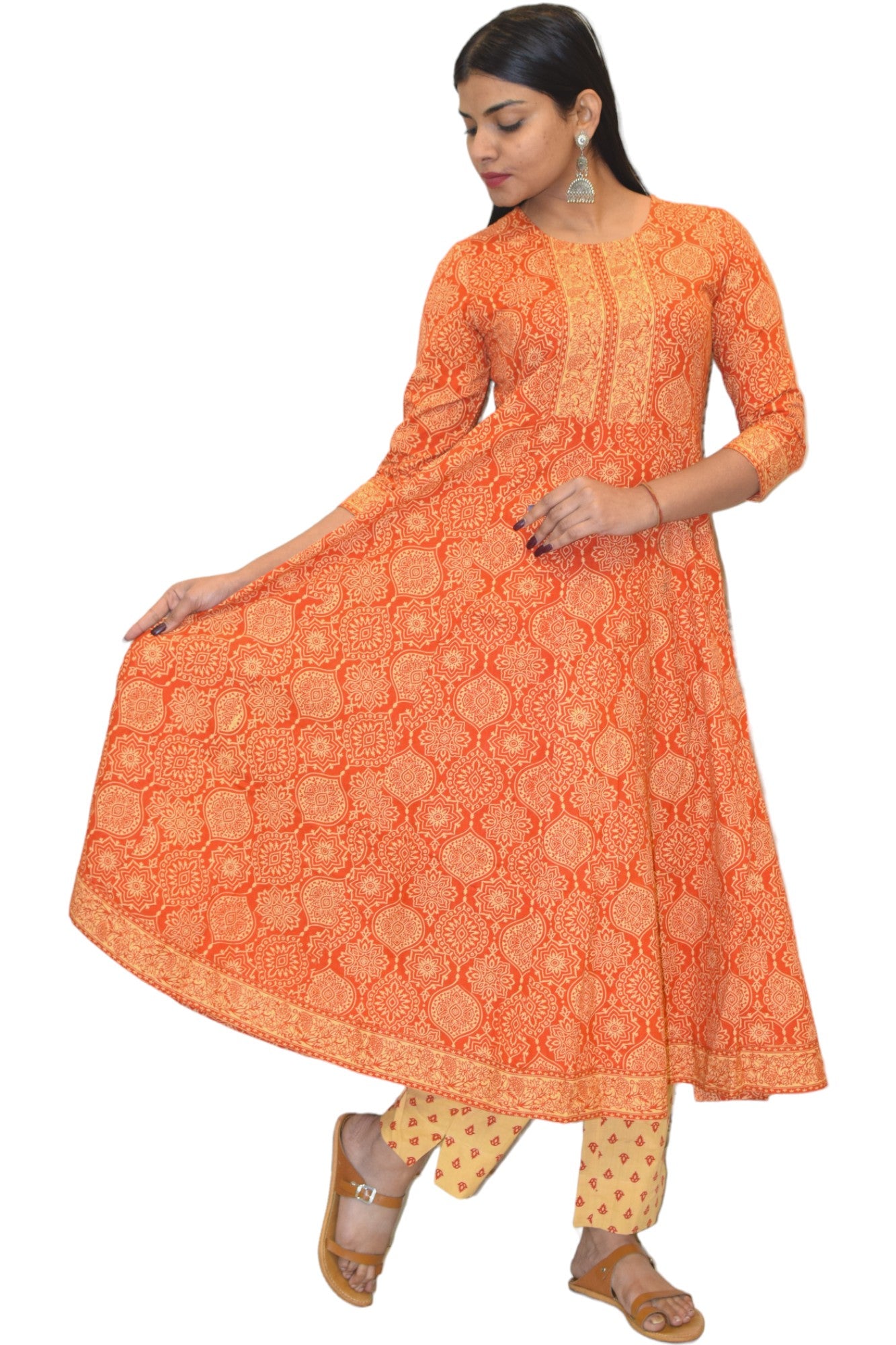 Orange Sanganeri Print cotton Anarkali Suit