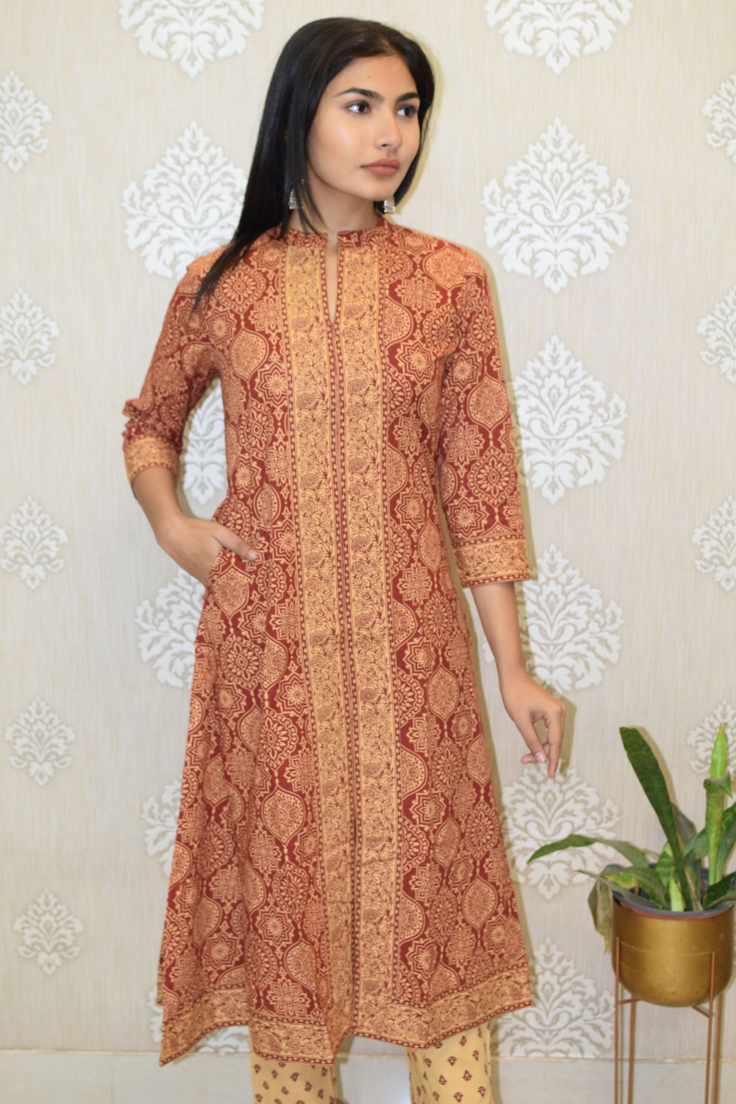 Maroon Sanganeri Print cotton A-line suit