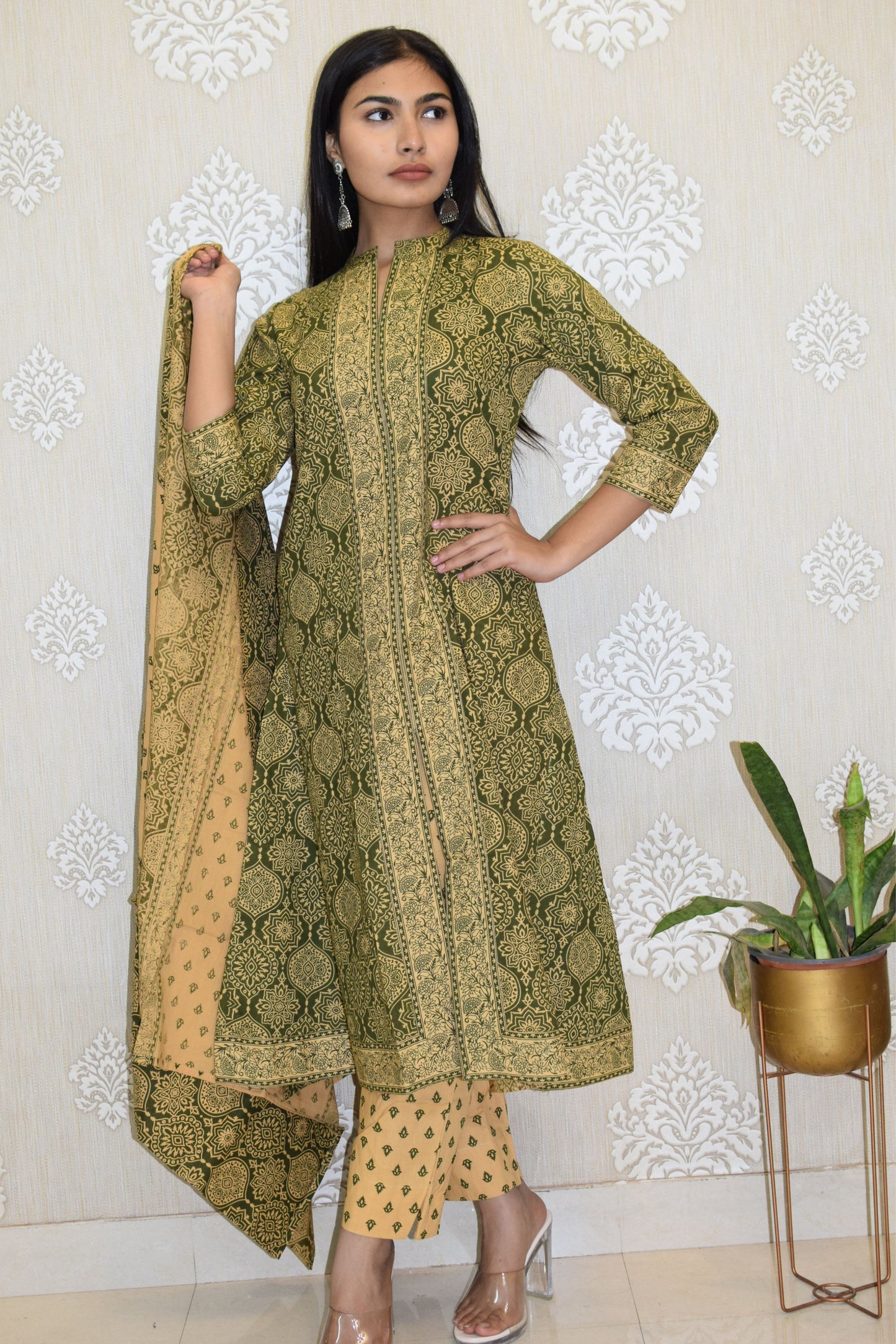 Green mughal Sanganeri Print cotton A-line suit