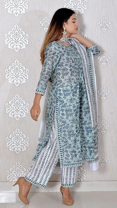 Aqua blue pure Chanderi Sequin work full Suit With Dupatta