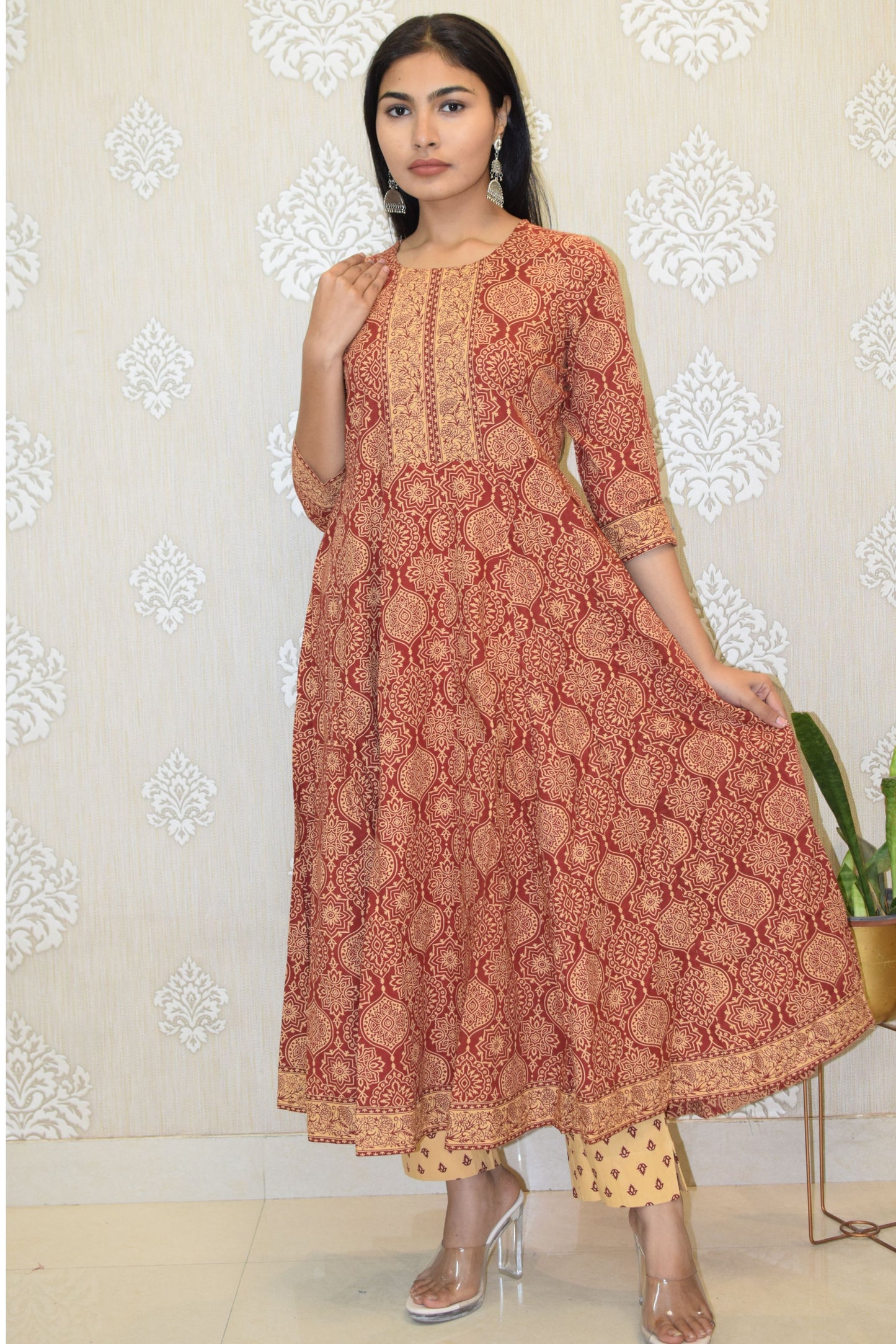 Maroon Sanganeri Print cotton Anarkali Suit