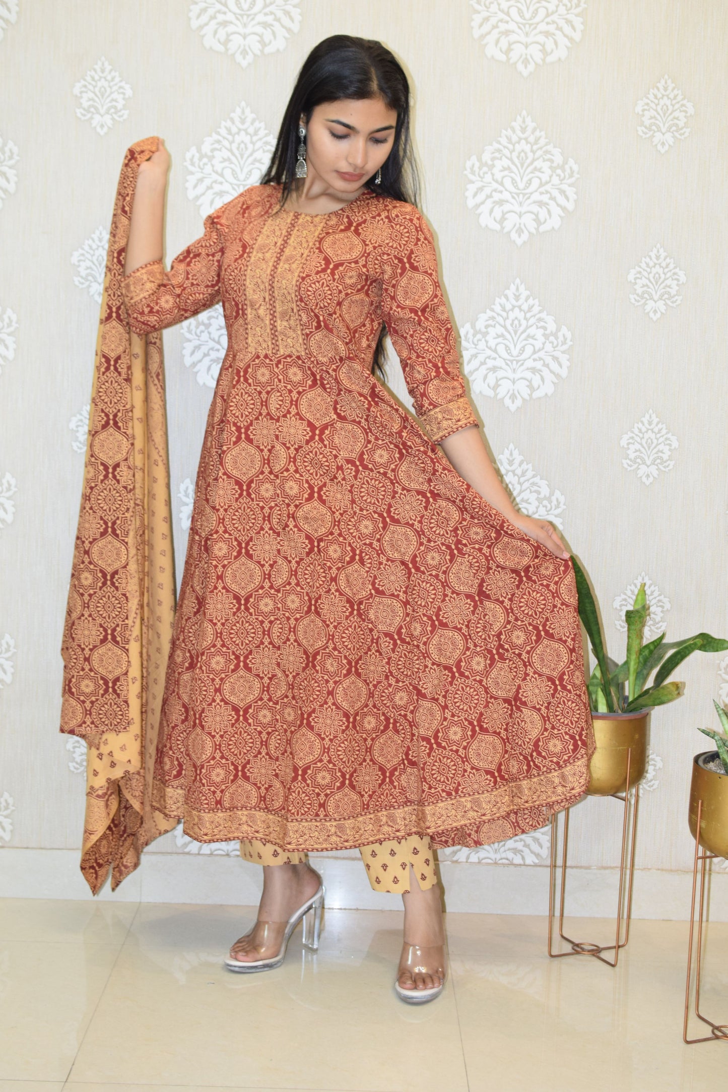 Maroon Sanganeri Print cotton Anarkali Suit