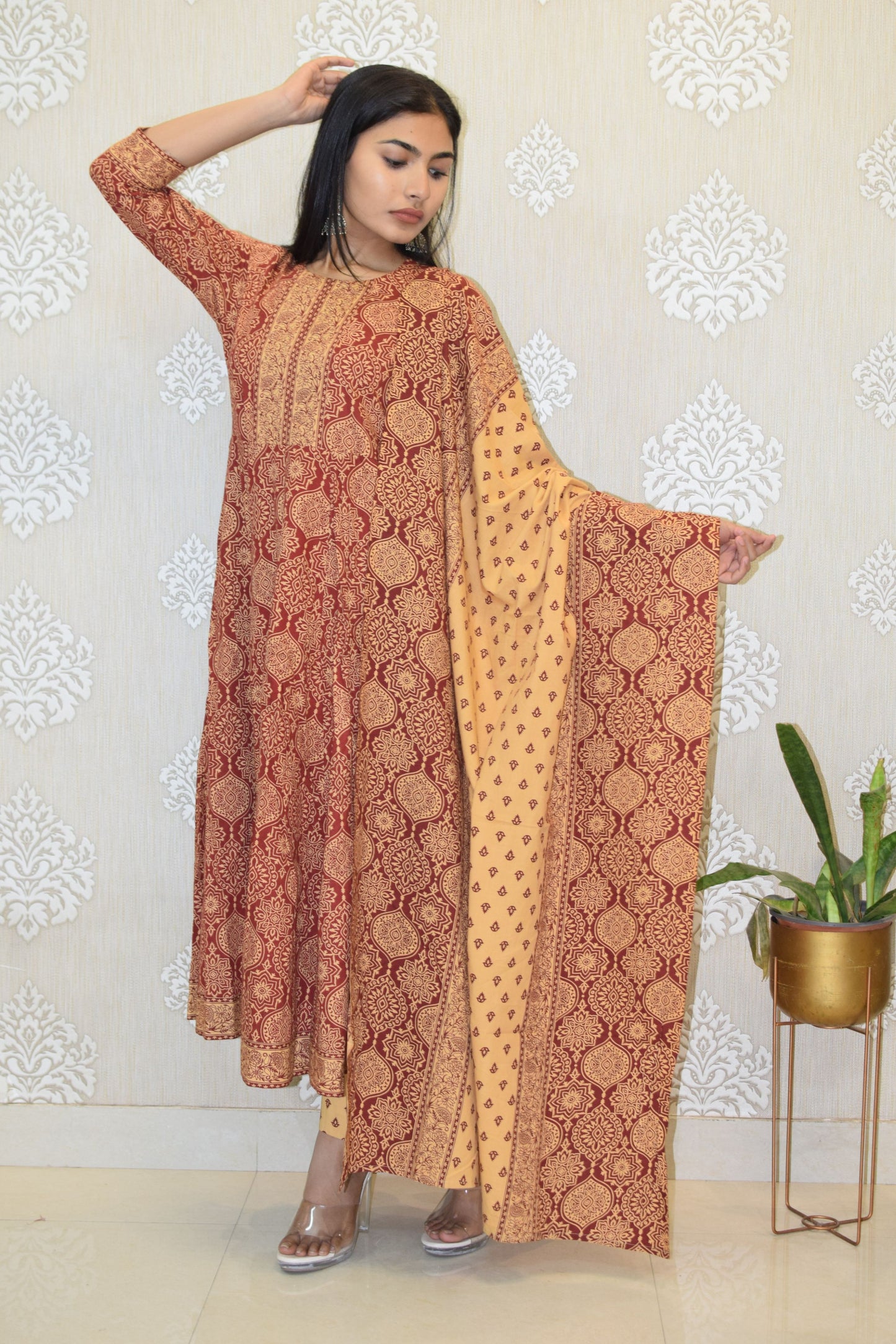 Maroon Sanganeri Print cotton Anarkali Suit