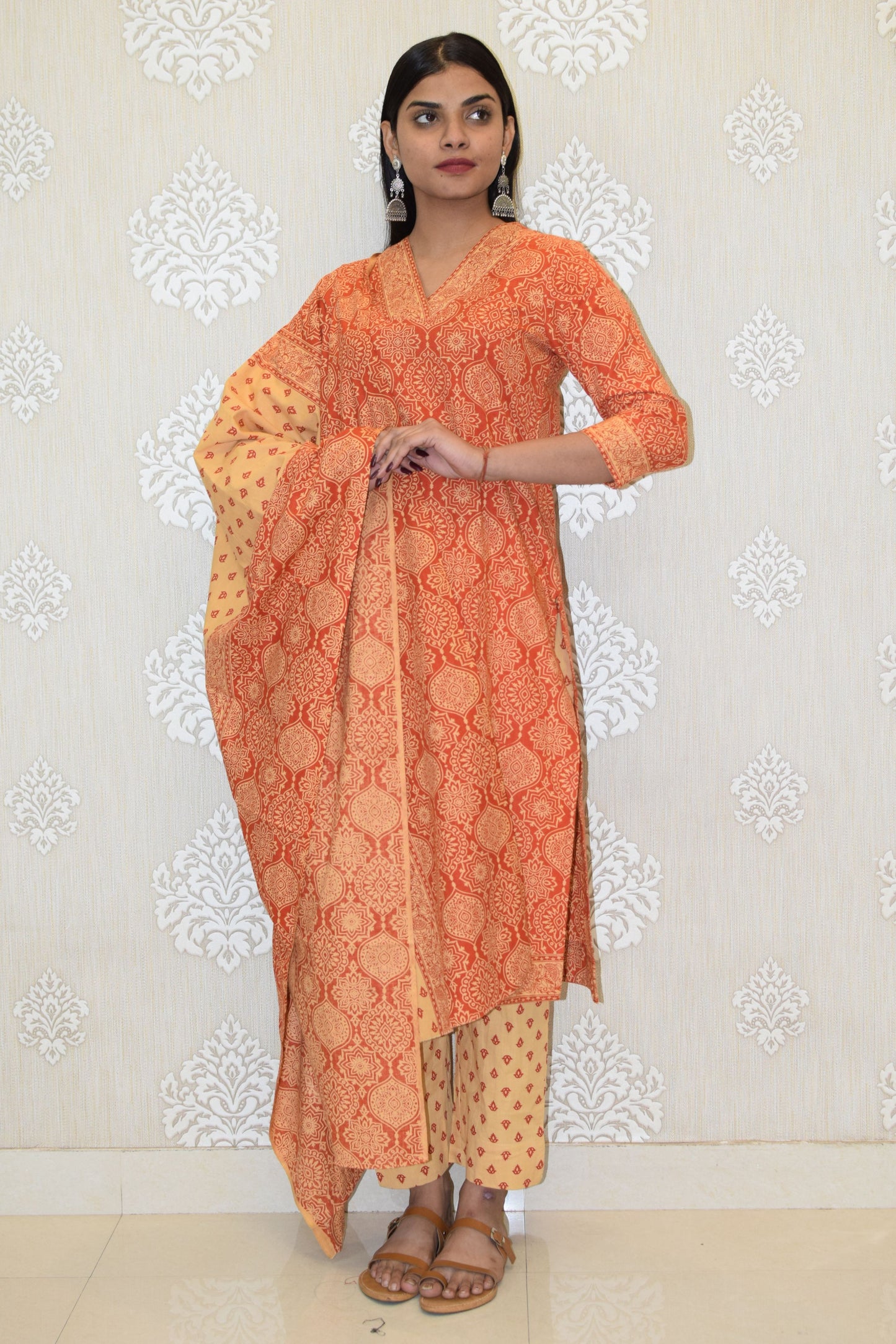 Orange V-neck Sanganeri Print cotton straight Suit