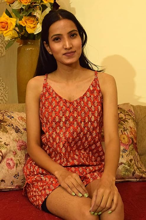Red Women's Pure Cotton Printed Sleeveless top Shorts Combo