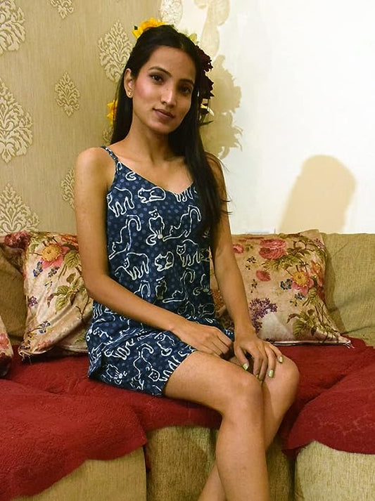 Blue Women's Pure Cotton Printed Sleeveless top Shorts Combo