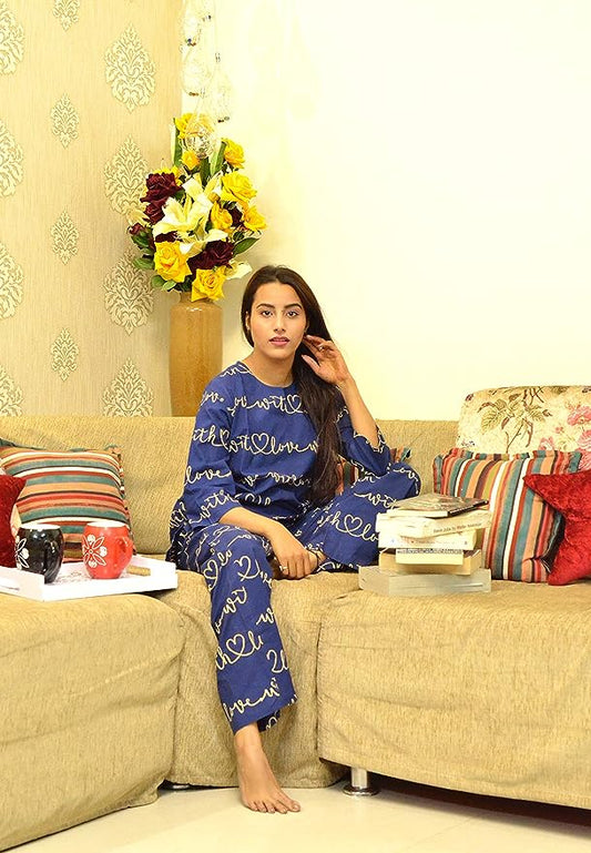 Blue Pure Cotton Printed Nightwear Set