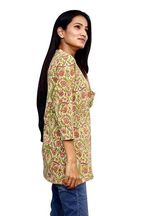 Off White Short Women Hand Print Kurti