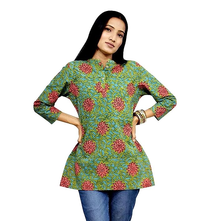 Green Short Women Hand Print Kurti