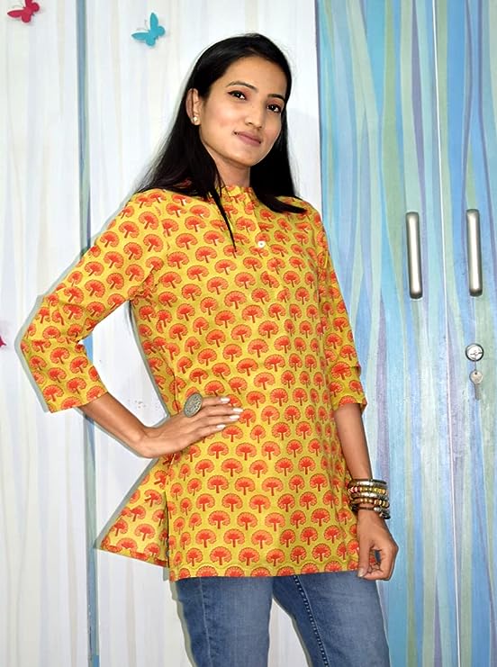 Mustard Short Women Hand Print Kurti