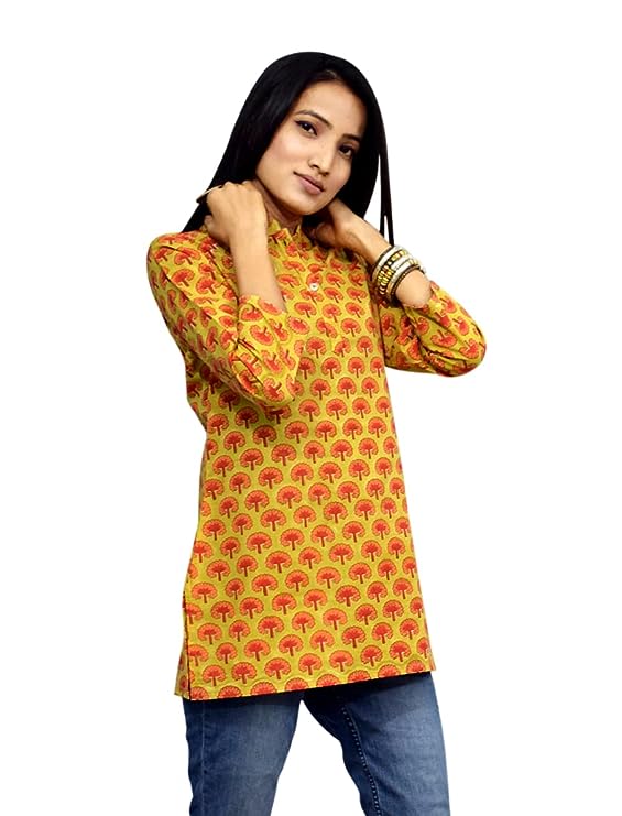 Mustard Short Women Hand Print Kurti