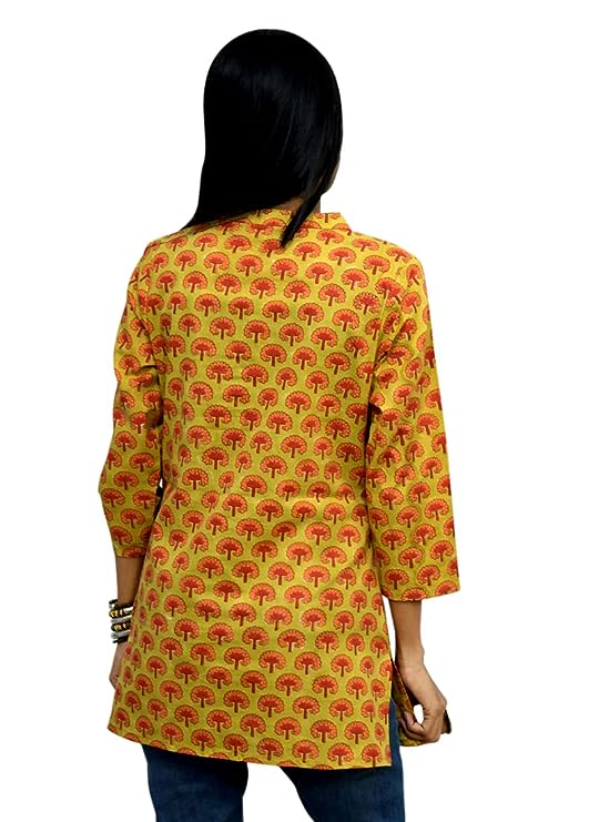 Mustard Short Women Hand Print Kurti