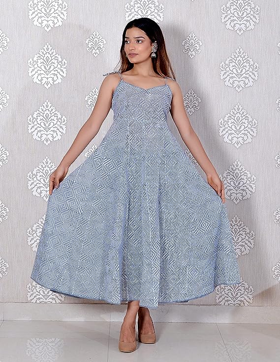 Grey printed Sleeveless Cotton Lace Work Dress