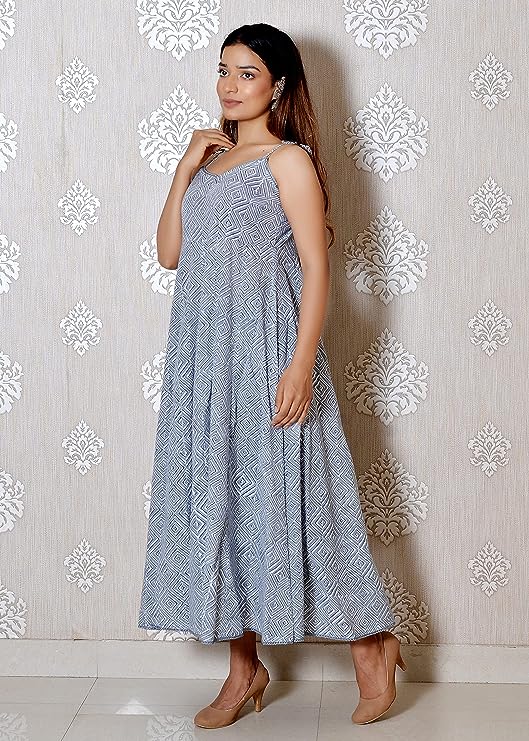 Grey printed Sleeveless Cotton Lace Work Dress