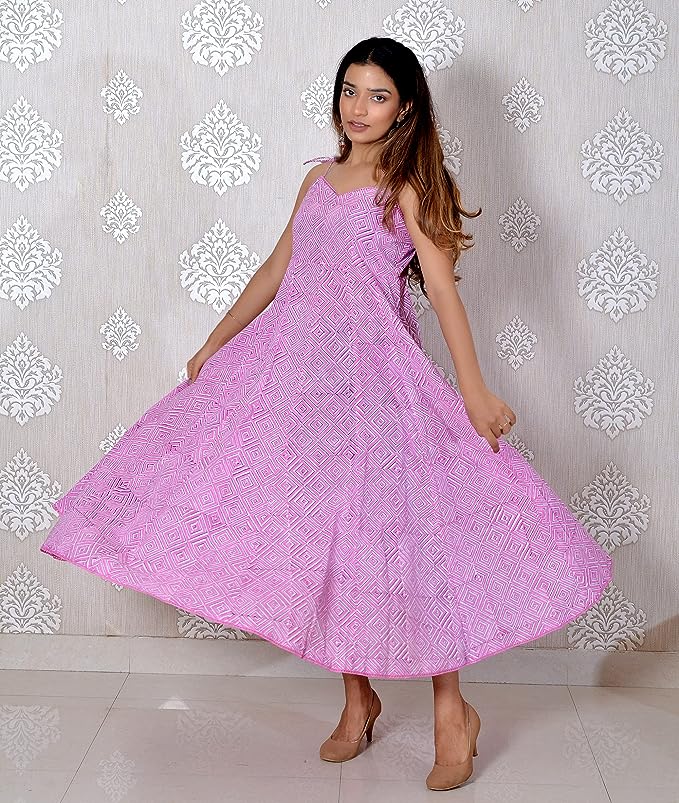 Pink printed Sleeveless Cotton Lace Work Dress