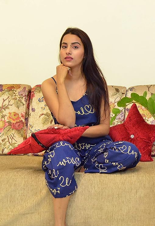 Blue Pure Cotton Sleeveless Printed Nightwear Set