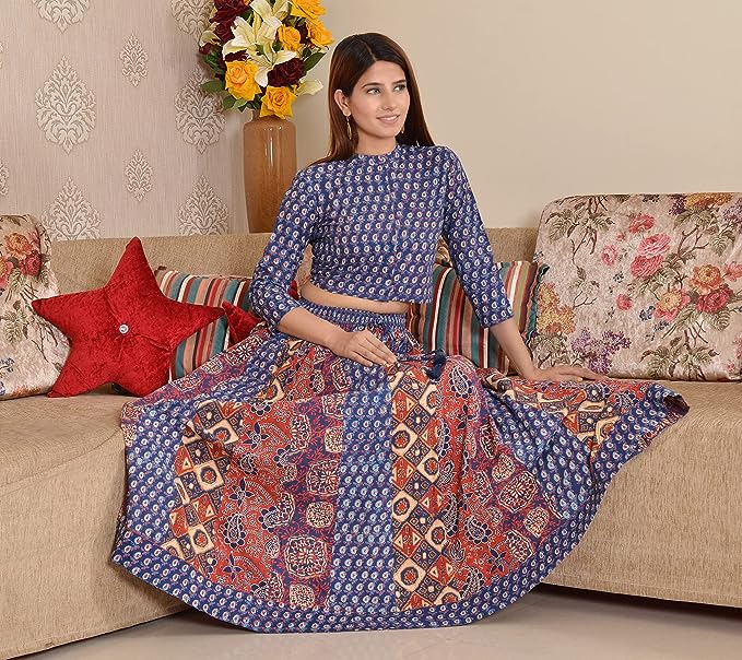 Red-Indigo Rayon Blouse with Skirt
