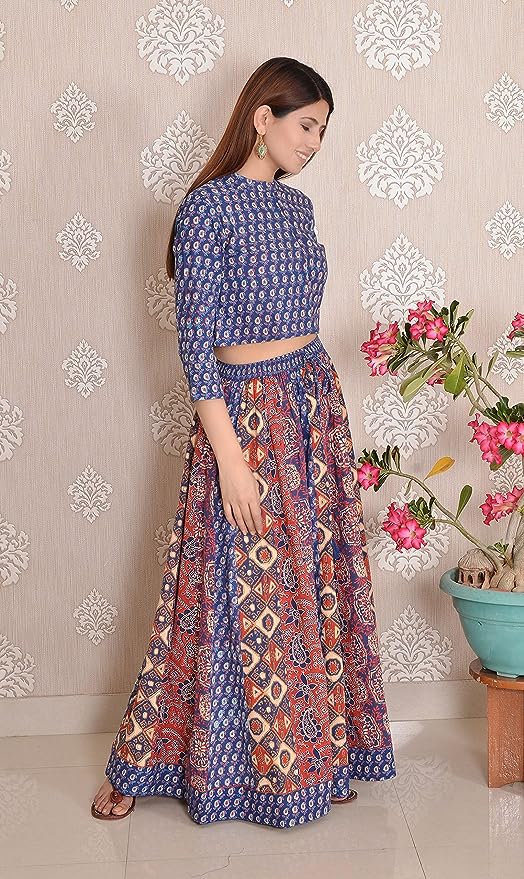 Red-Indigo Rayon Blouse with Skirt