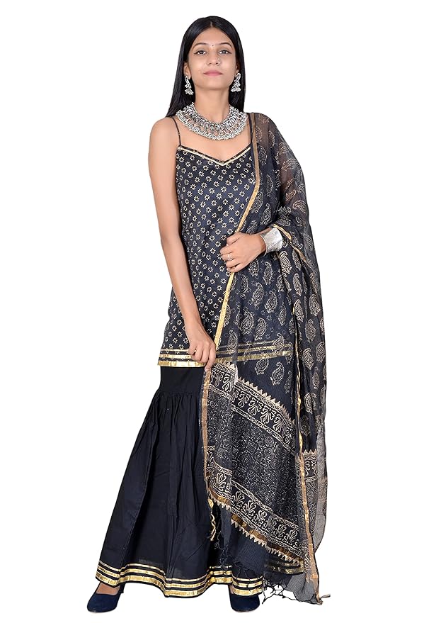 Black pure Chanderi full Stitched Sharara Suit with Matching Dupatta