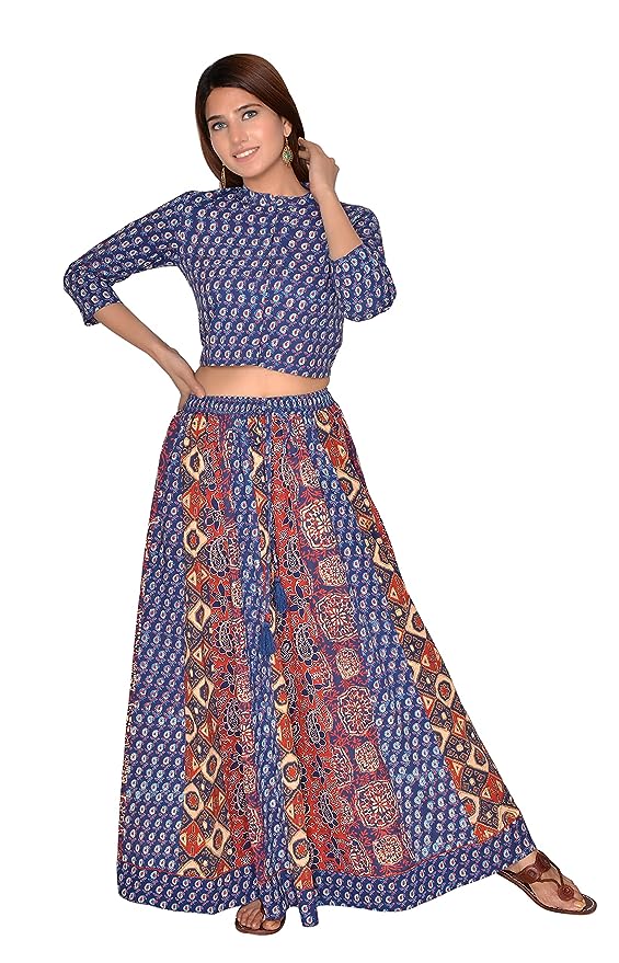 Red-Indigo Rayon Blouse with Skirt