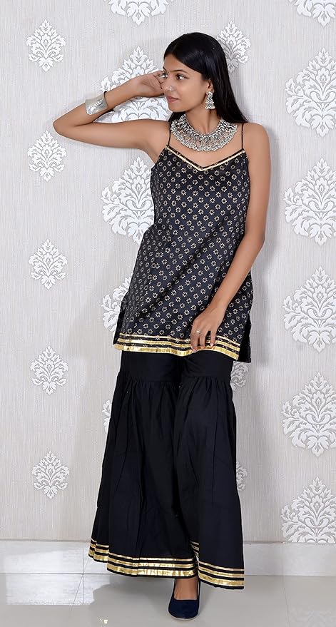 Black pure Chanderi full Stitched Sharara Suit with Matching Dupatta