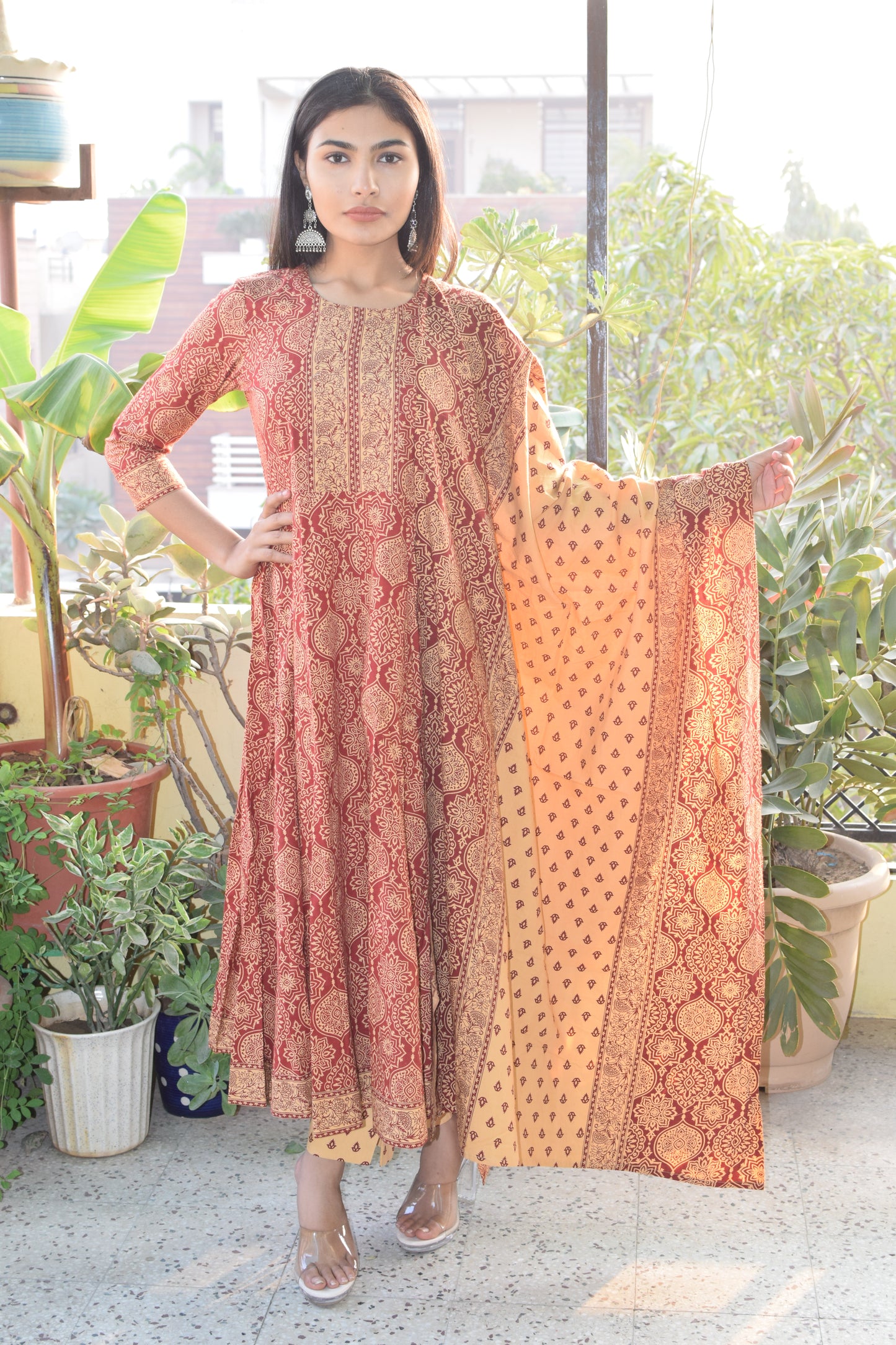 Maroon Sanganeri Print cotton Anarkali Suit
