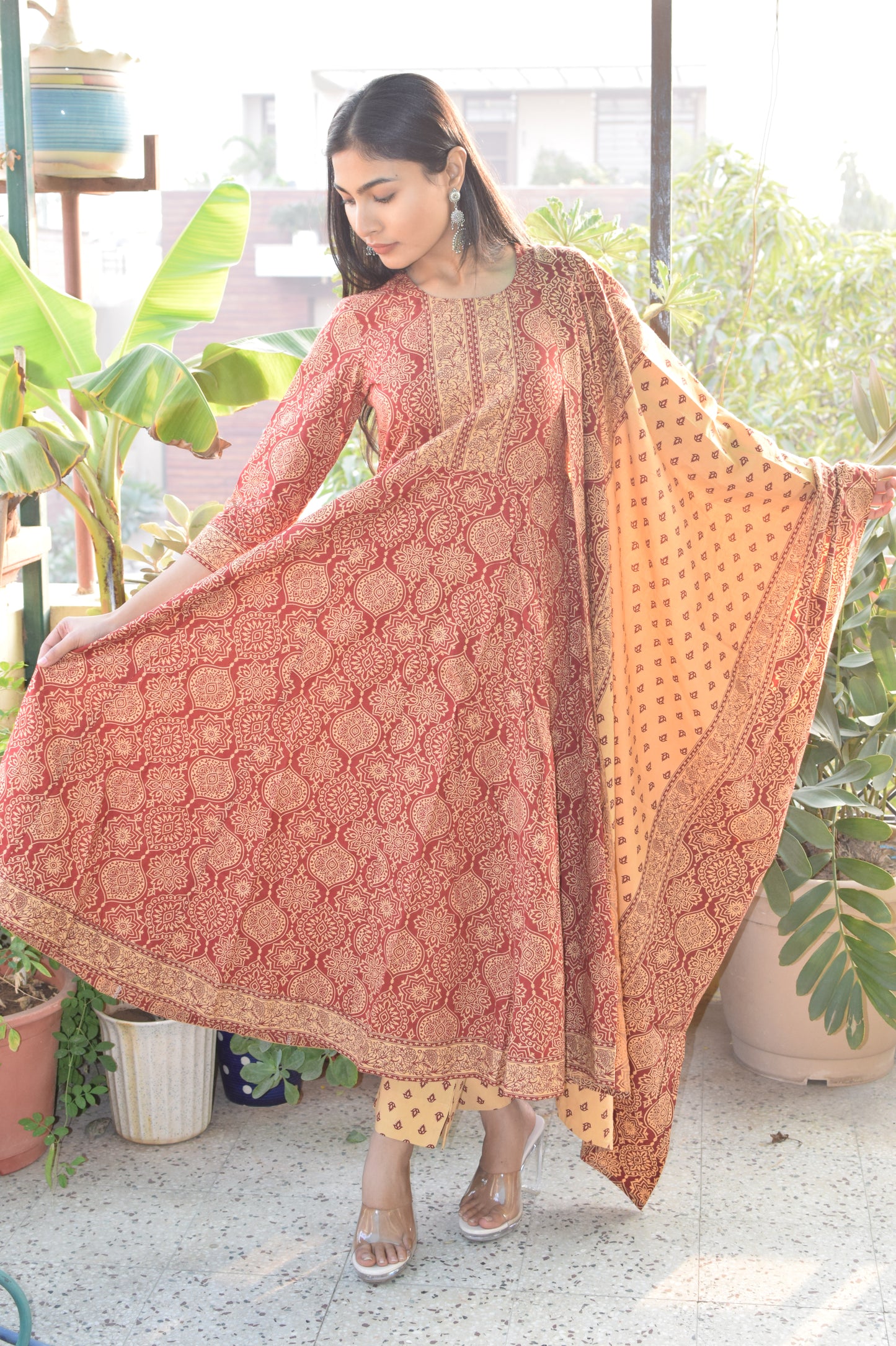 Maroon Sanganeri Print cotton Anarkali Suit