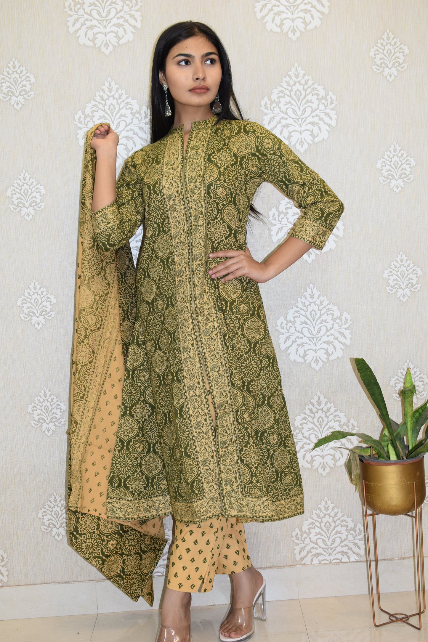 Green mughal Sanganeri Print cotton A-line suit
