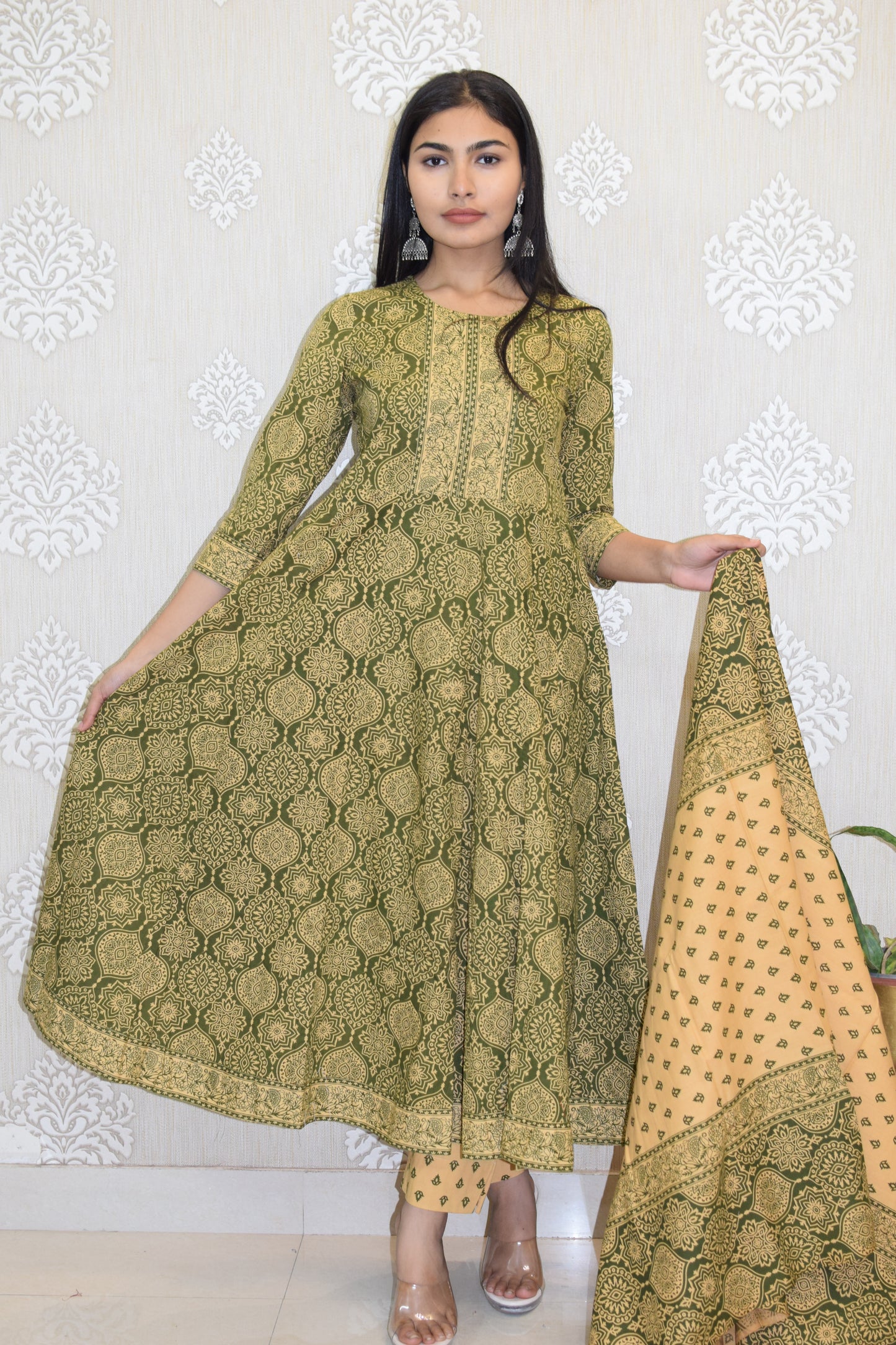 Green Sanganeri Print cotton Anarkali Suit