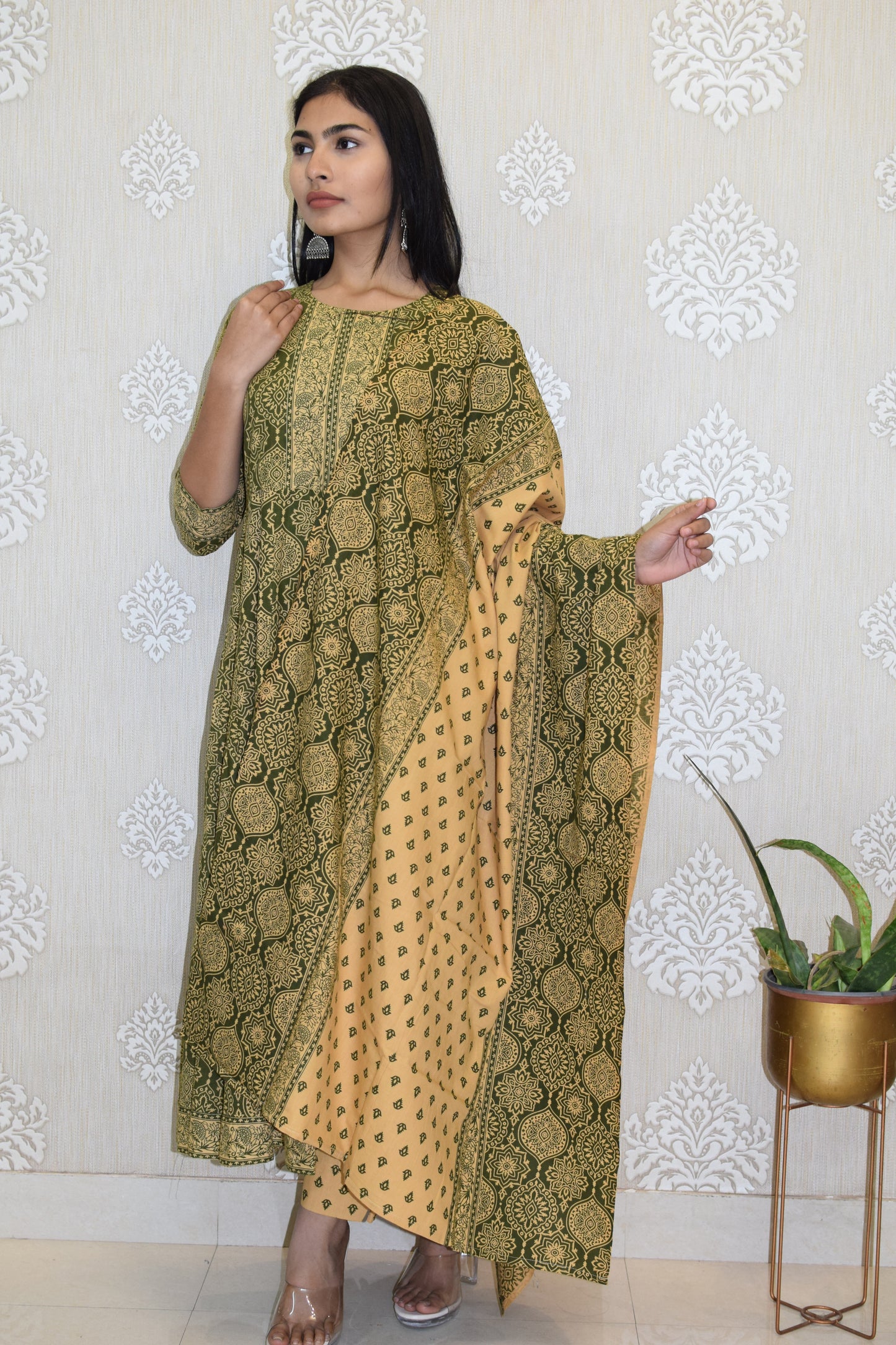 Green Sanganeri Print cotton Anarkali Suit