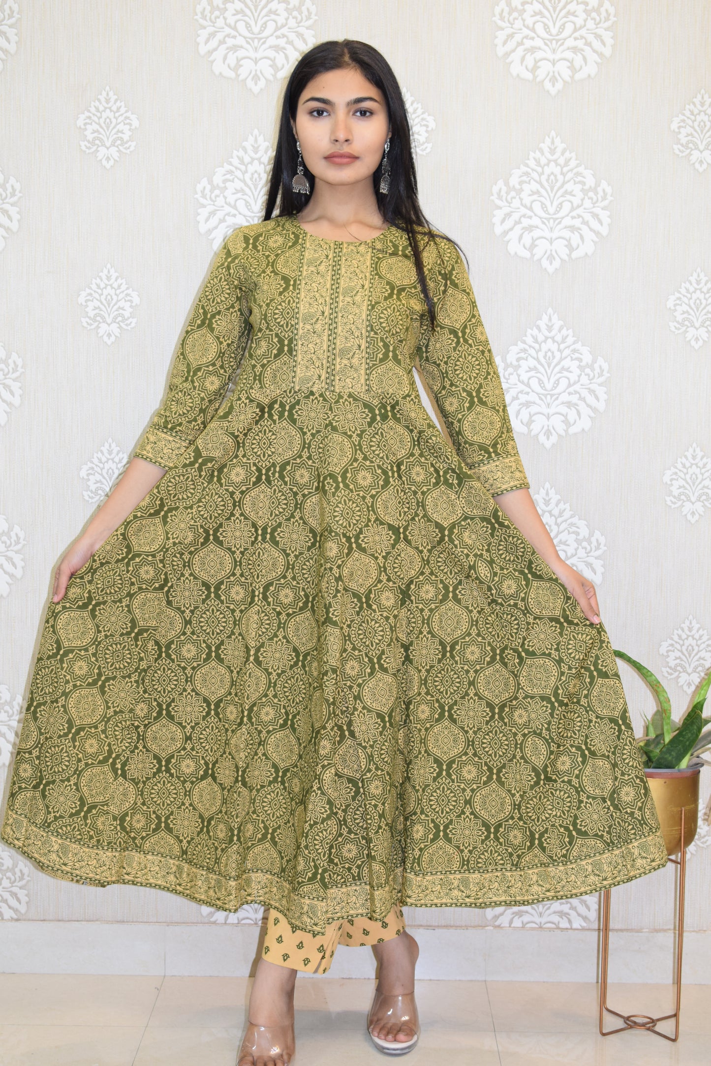 Green Sanganeri Print cotton Anarkali Suit