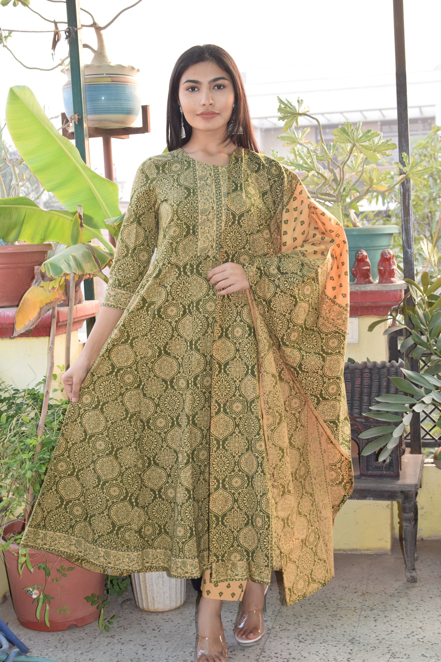 Green Sanganeri Print cotton Anarkali Suit