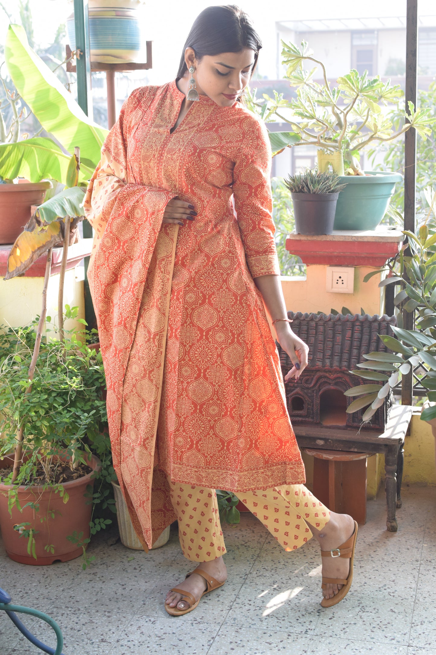 Orange Sanganeri Print cotton A-line suit