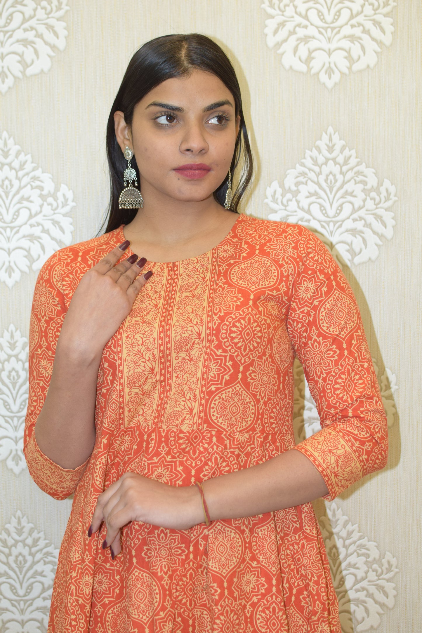 Orange Sanganeri Print cotton Anarkali Suit