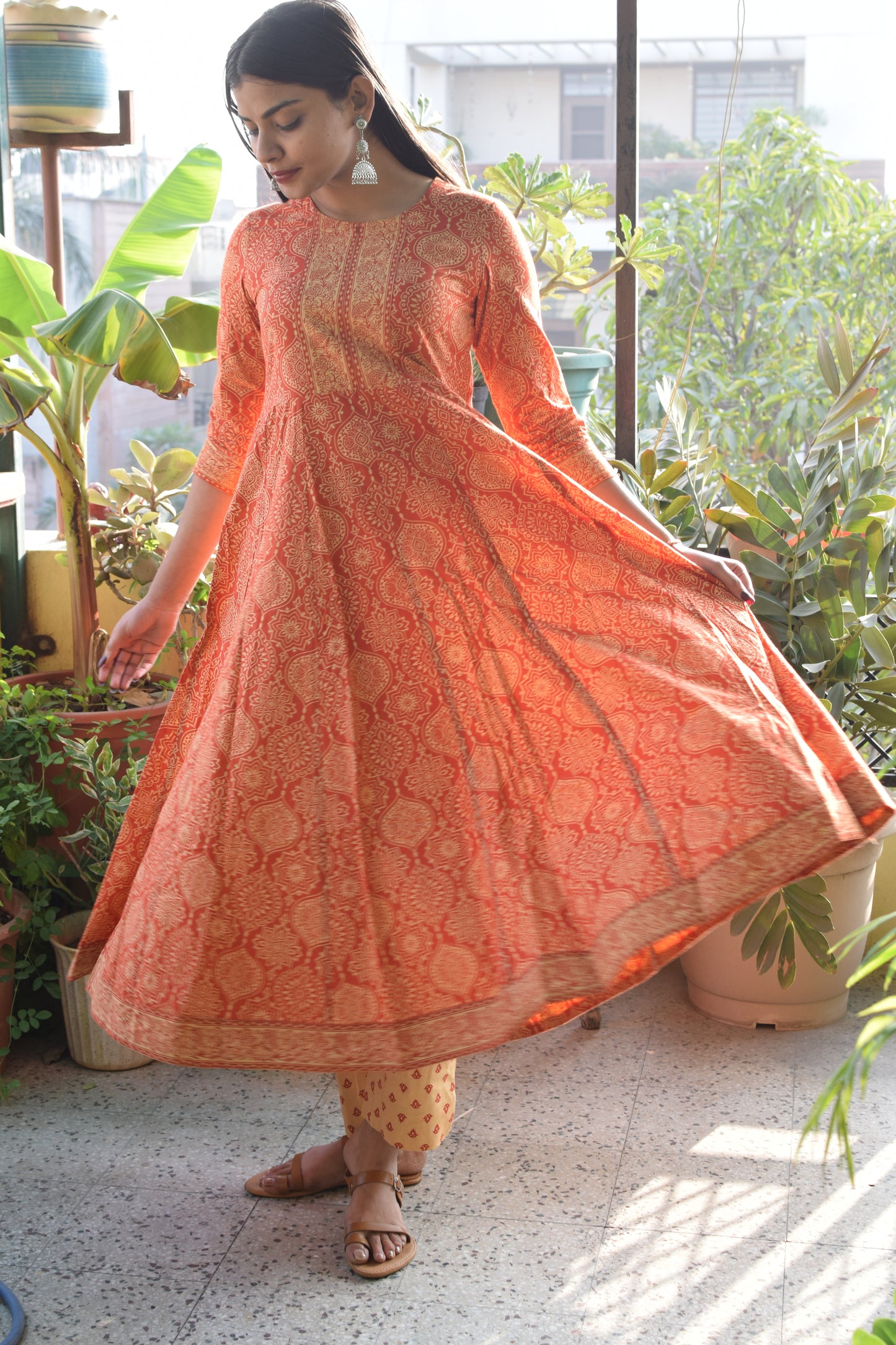 Orange Sanganeri Print cotton Anarkali Suit