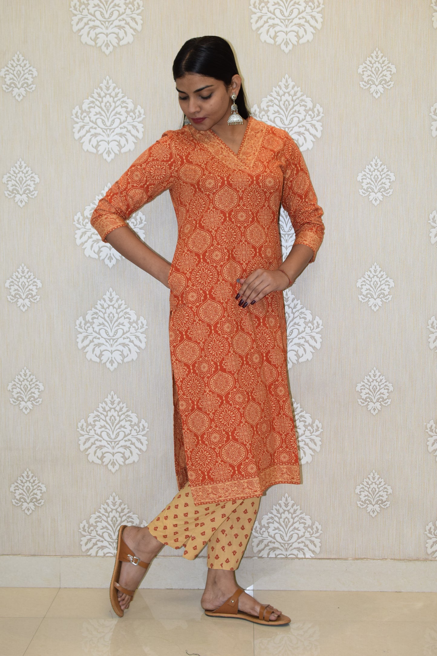 Orange V-neck Sanganeri Print cotton straight Suit