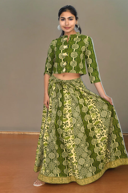 Circle green cotton leghanga set