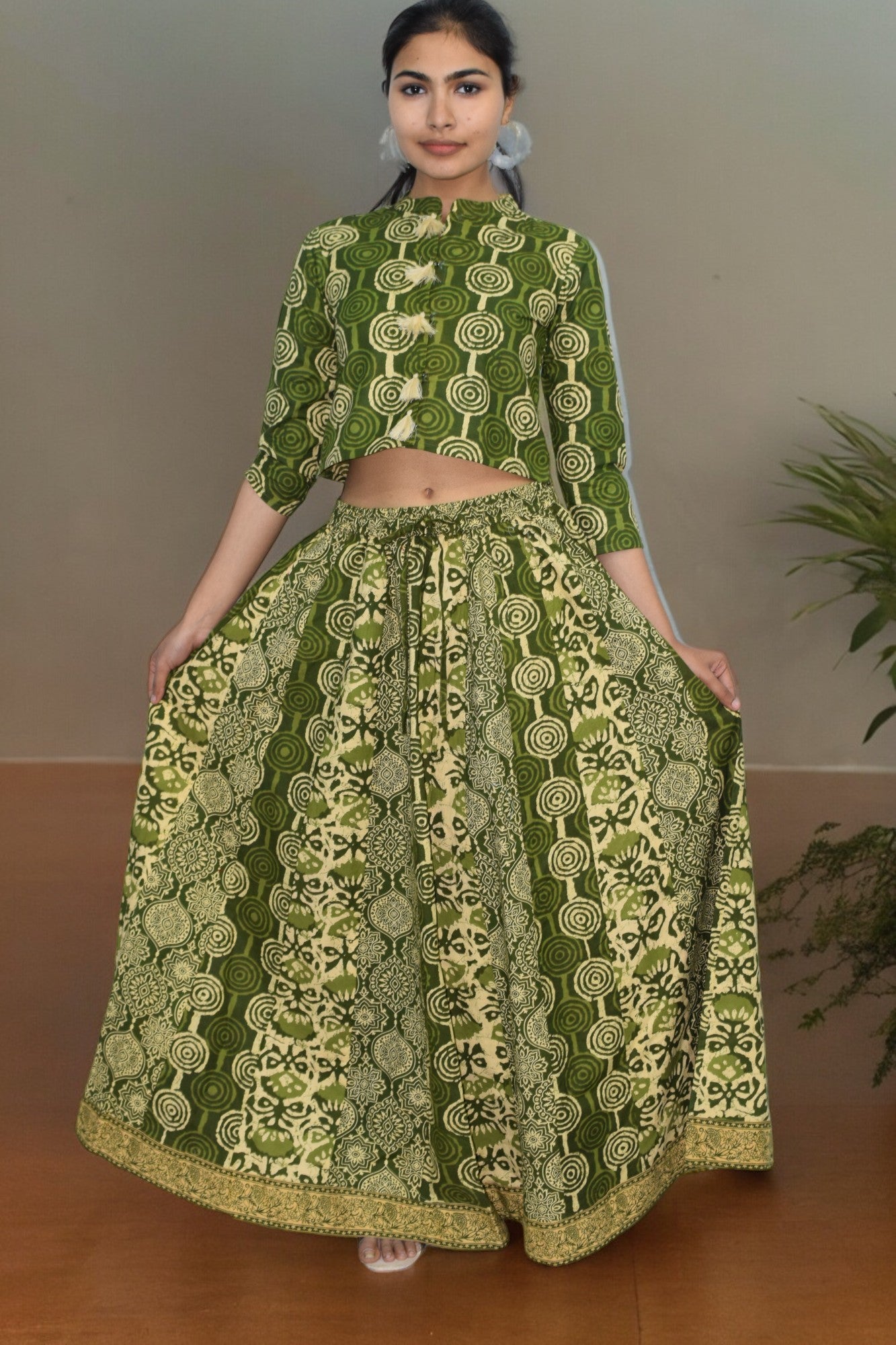 Circle green cotton leghanga set