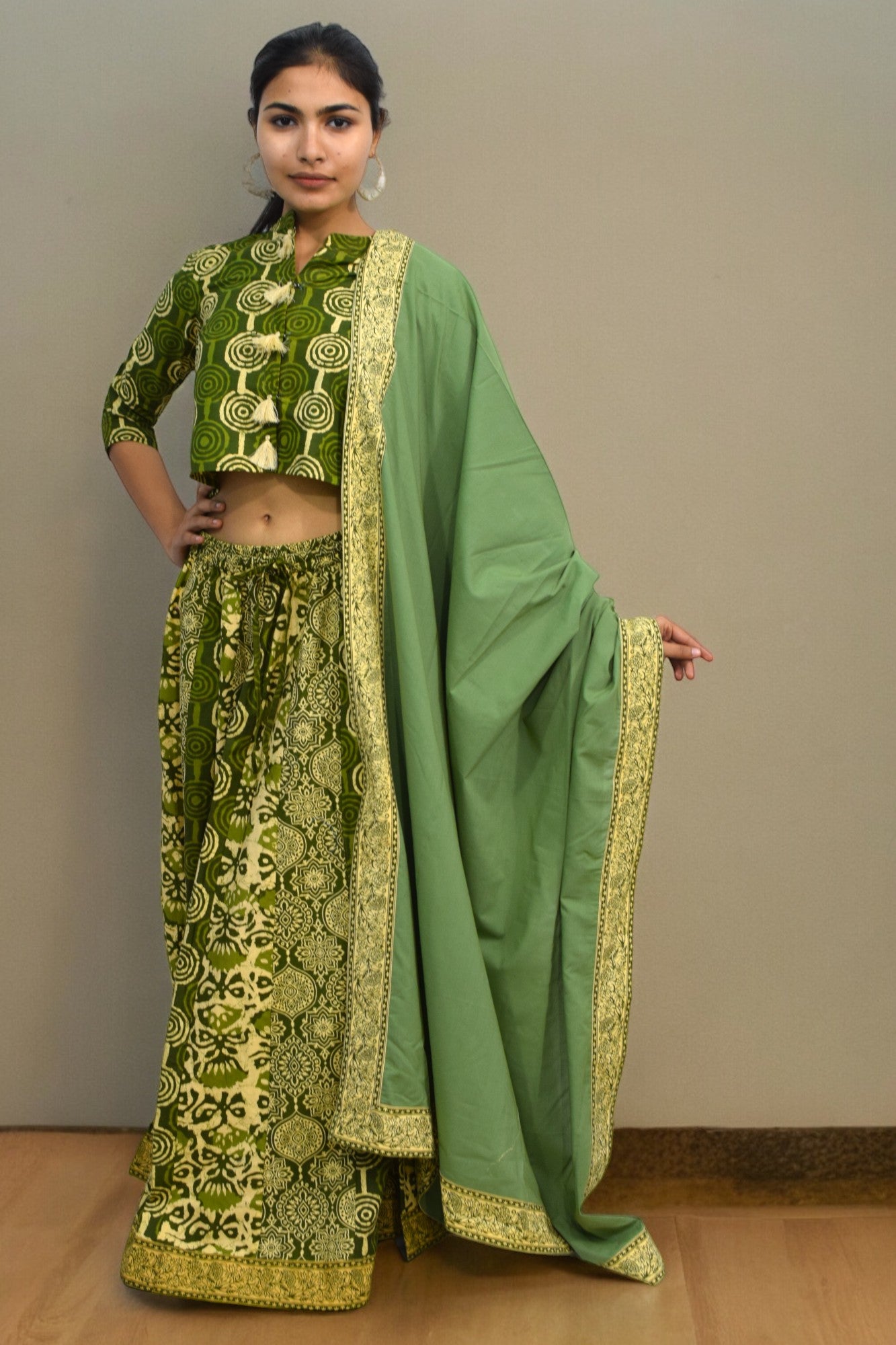 Circle green cotton leghanga set