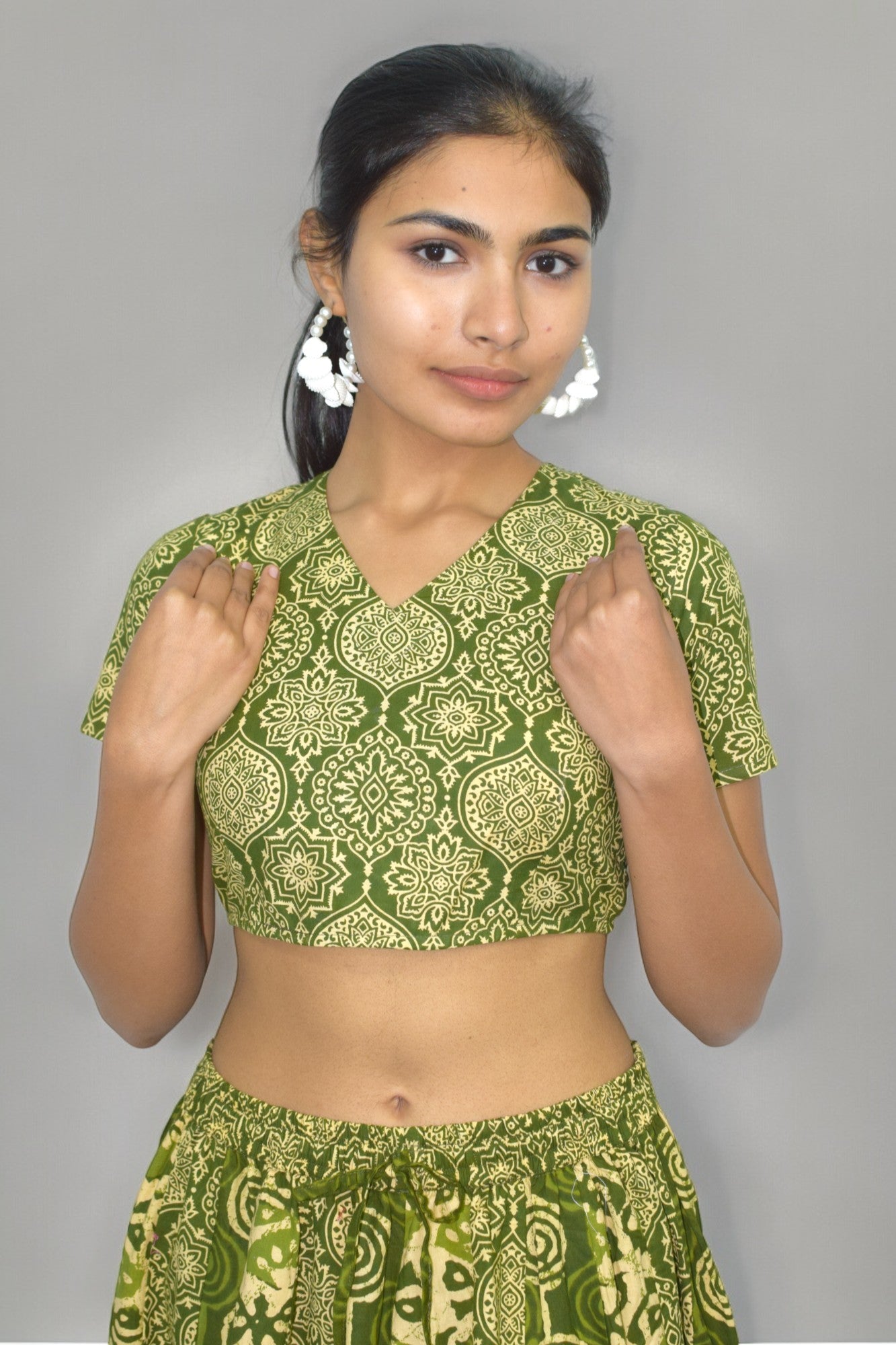 Mughal green half sleeves lehanga set