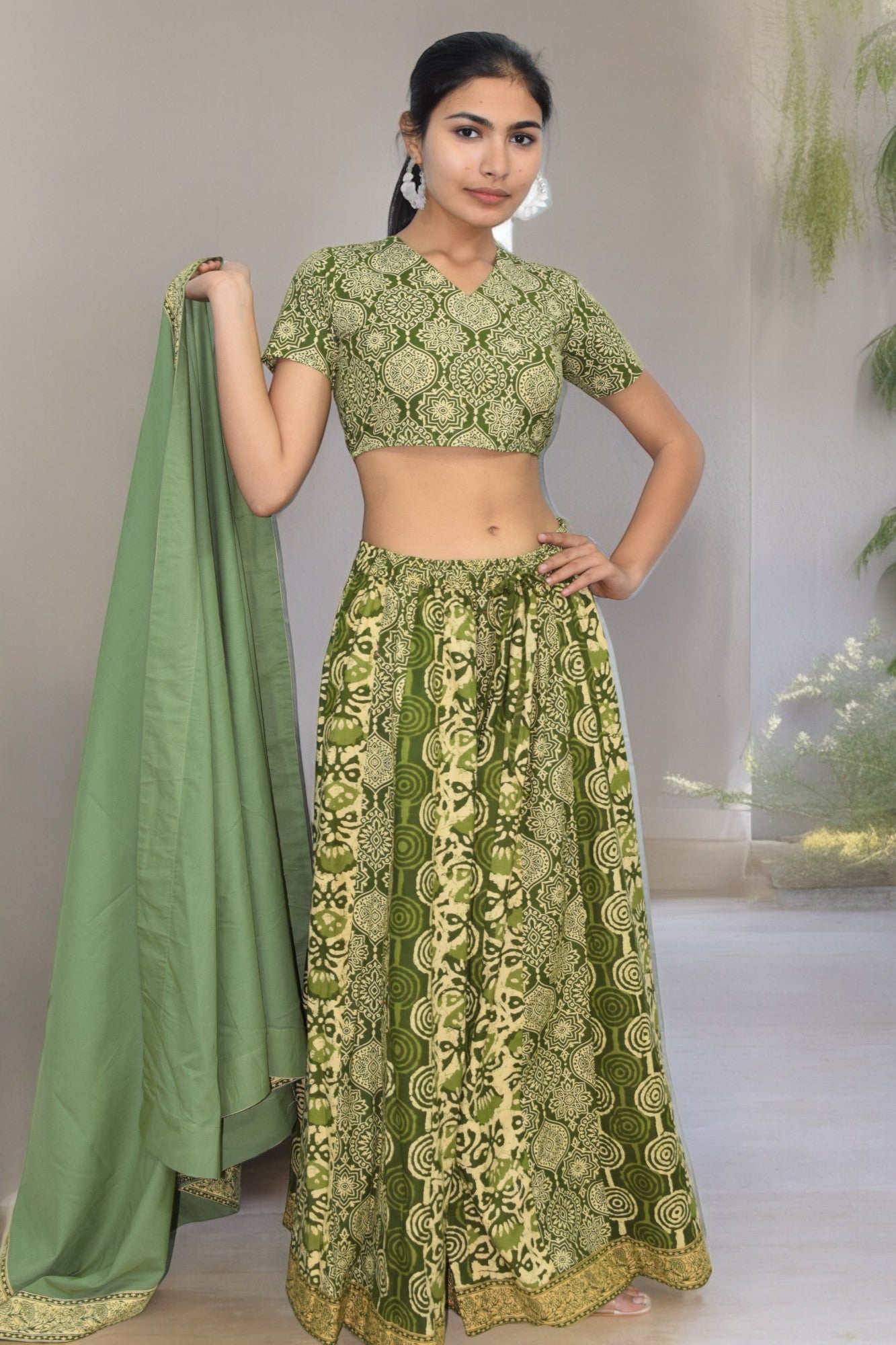 Mughal green half sleeves lehanga set