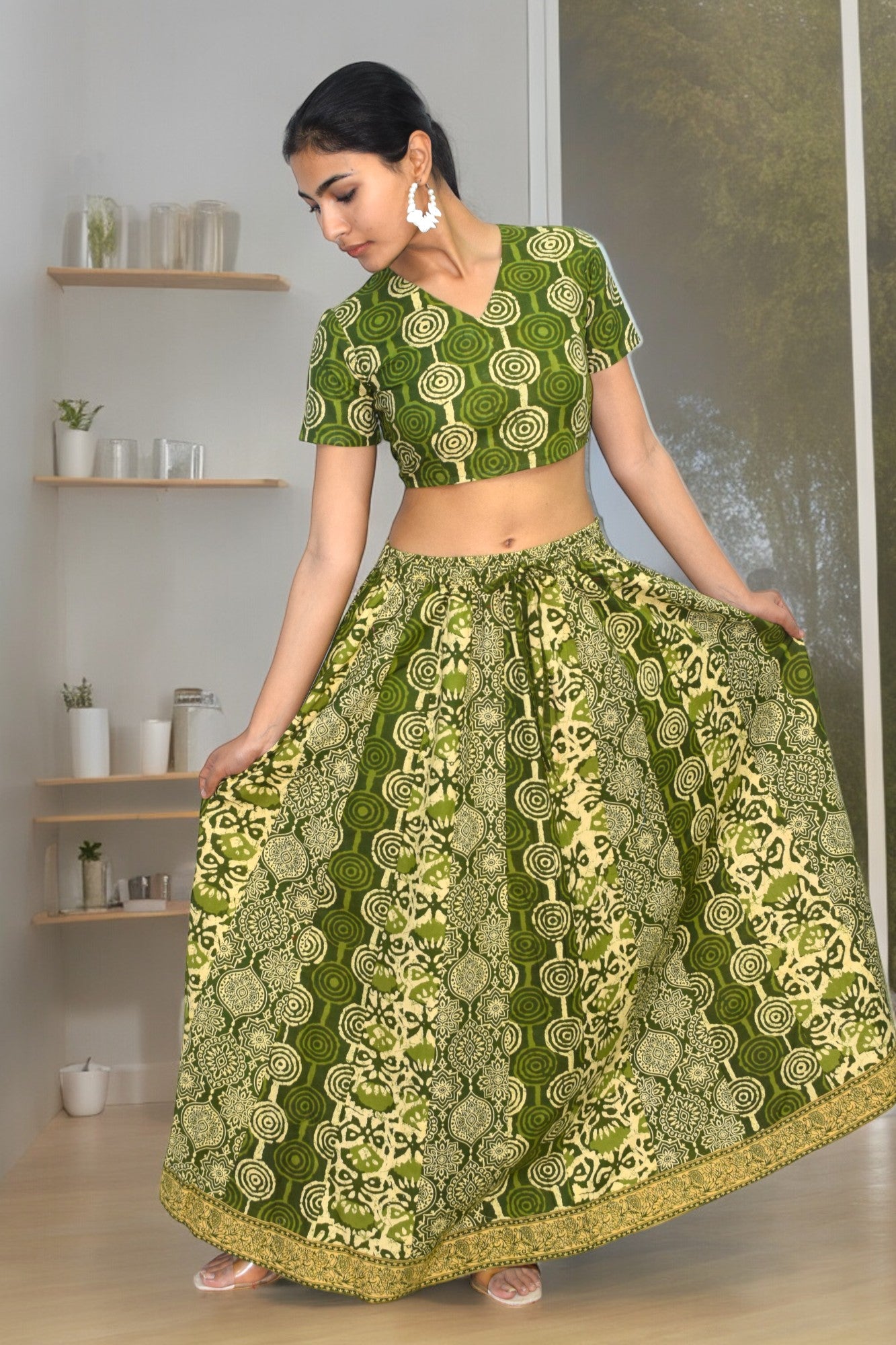 Circle green half sleeves lehanga set