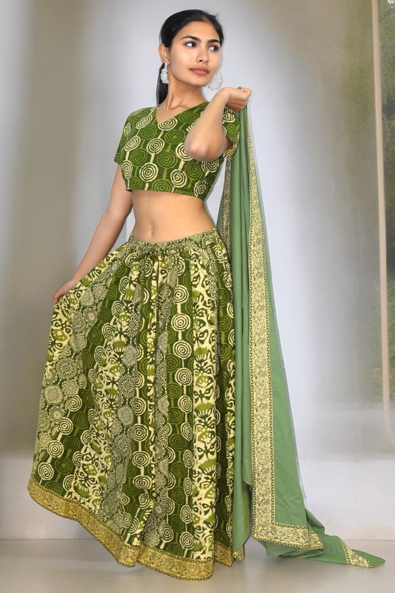 Circle green half sleeves lehanga set