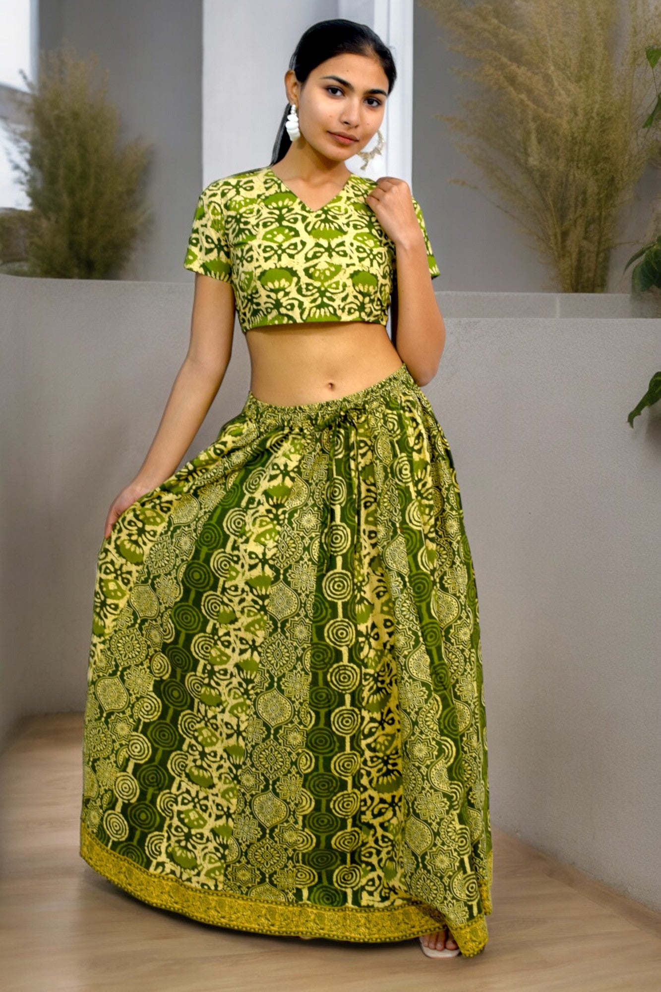 Lotus green half sleeves lehanga set