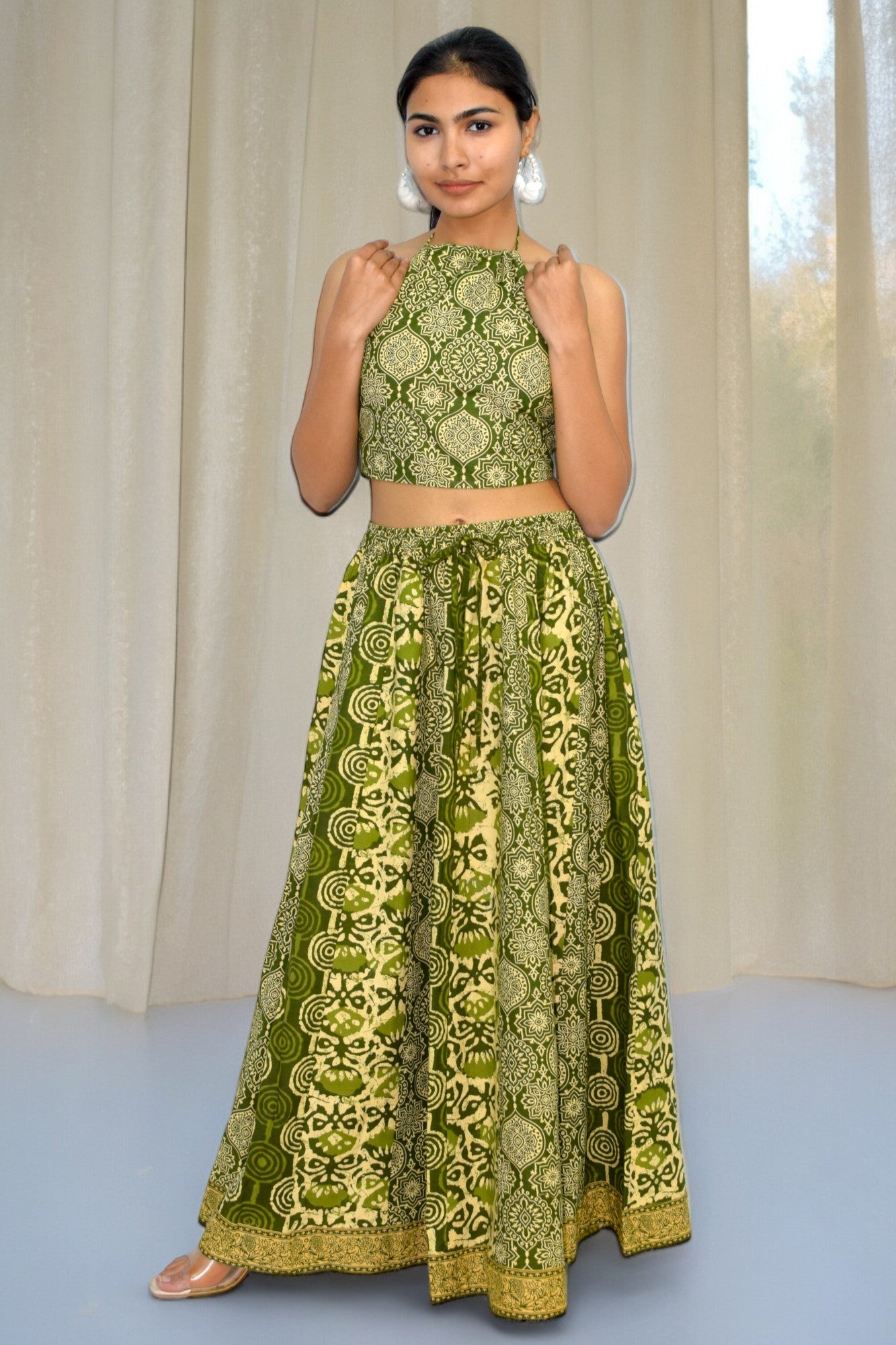 Mughal green Backless leghanga set