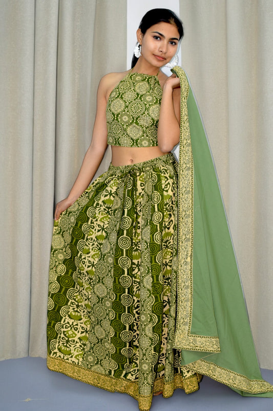Mughal green Backless leghanga set