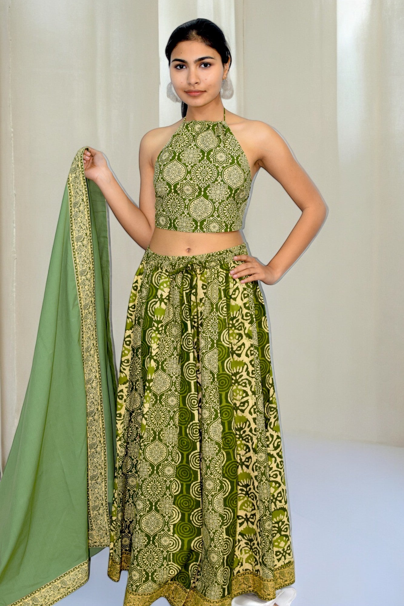 Mughal green Backless leghanga set
