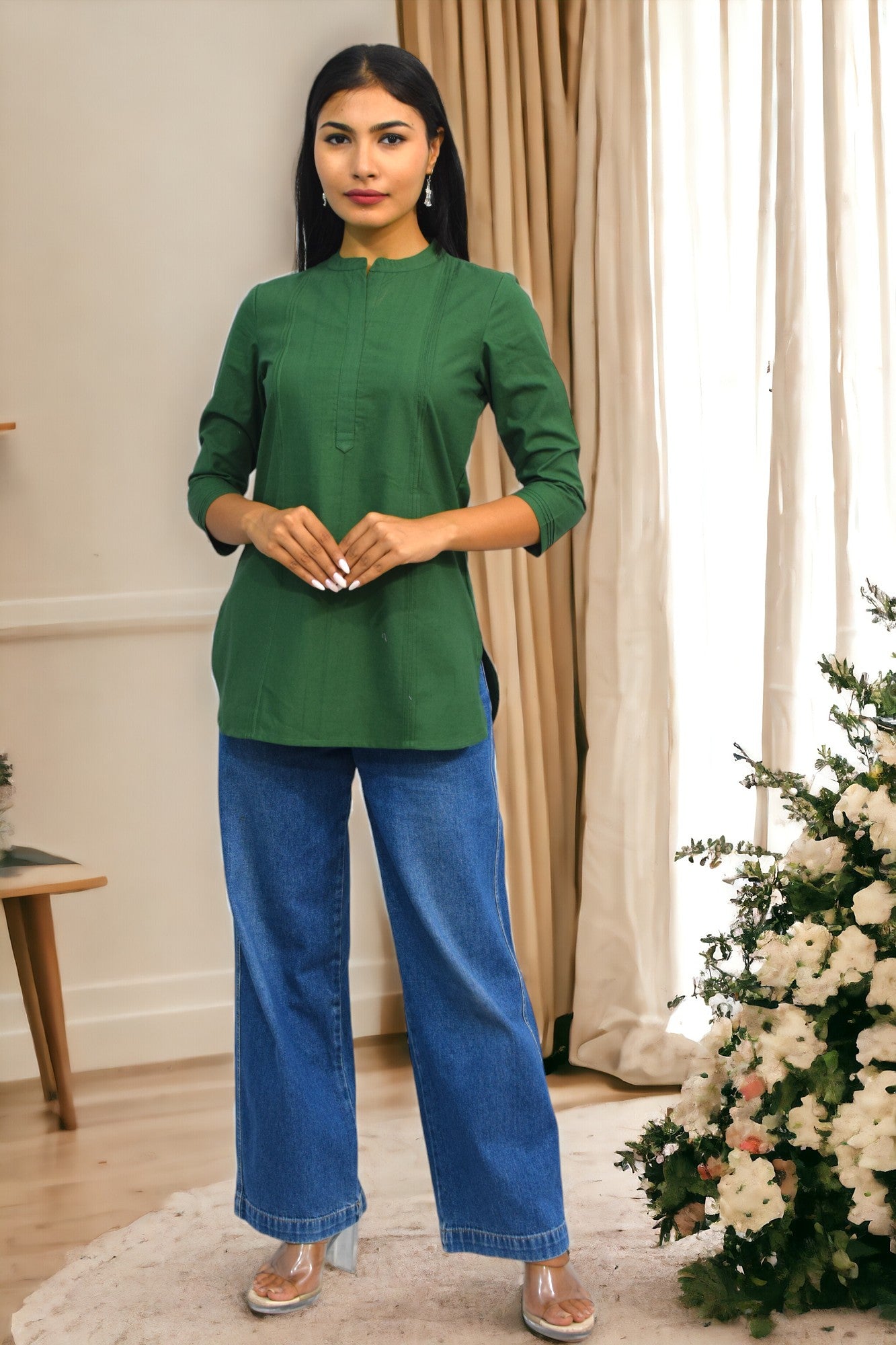 Pintex Green plain short kurta